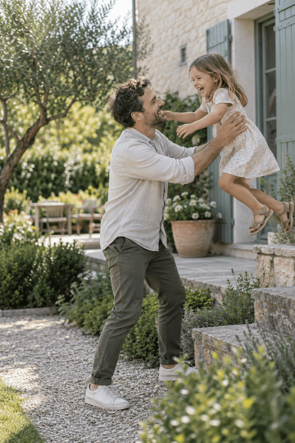 A father safely holds his smiling daughter while playing in the garden.